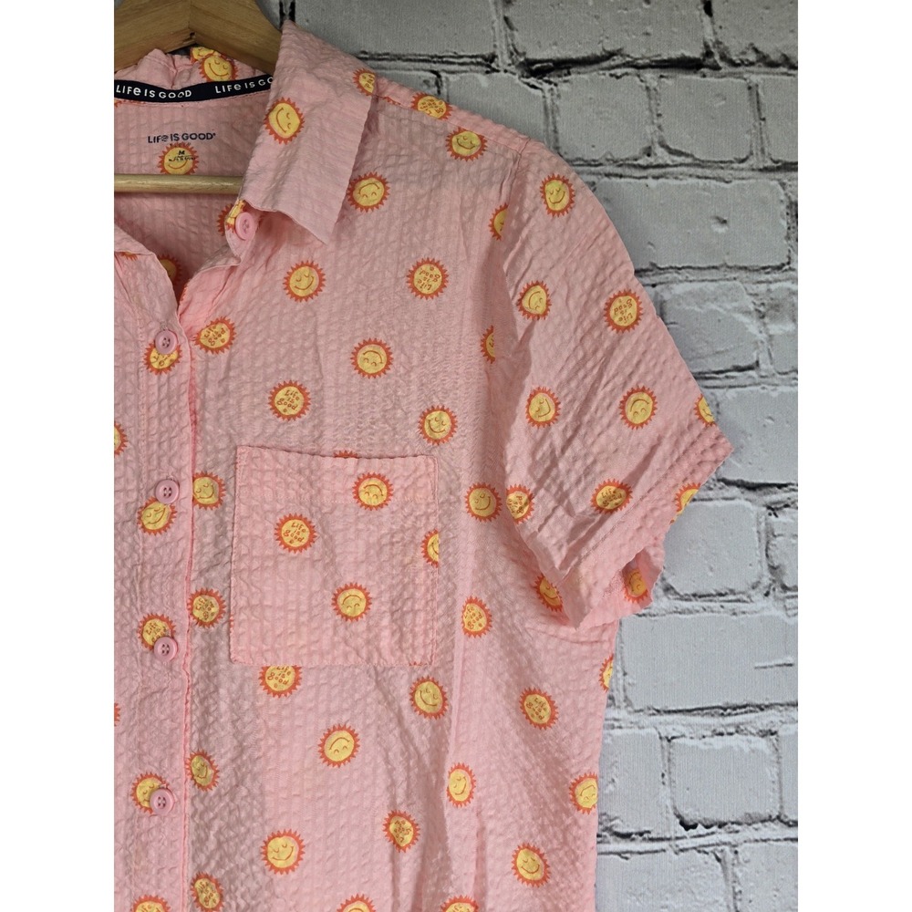 Life Is Good Sleep Cotton Blend Sunshine Smiling Sun Graphic Print Button Up Top - Picture 4 of 10